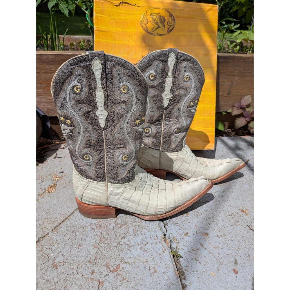 El General 1901 Caiman‎ Crocodile Tail Cowboy Boots Bone White Men's 9.5 D